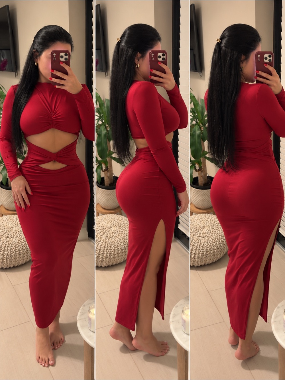 Long Sleeve Red Cutout Maxi Dress